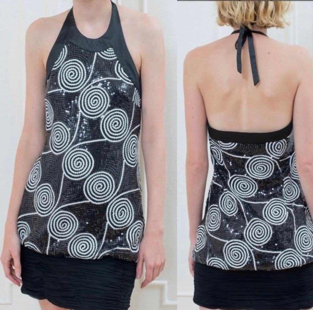 Cache Y2K Glam 90's Black White Sequin Mini Special Occasion Party Dress Size 2